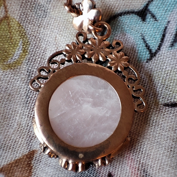Rose Gold Coppery Rose Quartz Medallion Necklace and Earrings Set Unsigned EUC - Picture 12 of 15